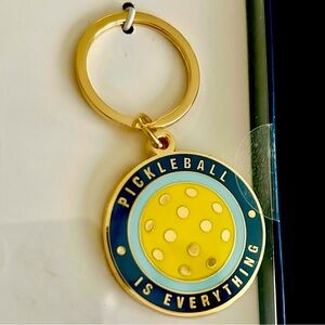 NIB Pickleball is Everything Enamel Keychain Gold tone Ring with Blue & Yellow
